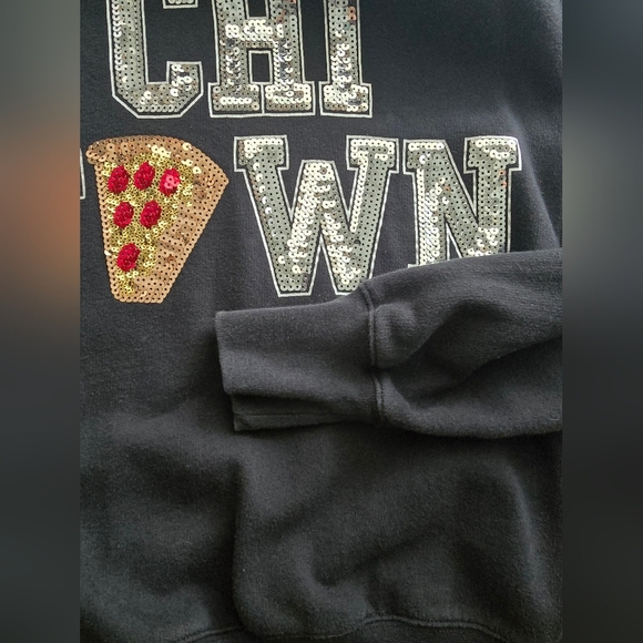 PINK Black Sequin Chi Town Chicago DeepDish Pizza Sweatshirt size S/P - Picture 8 of 13